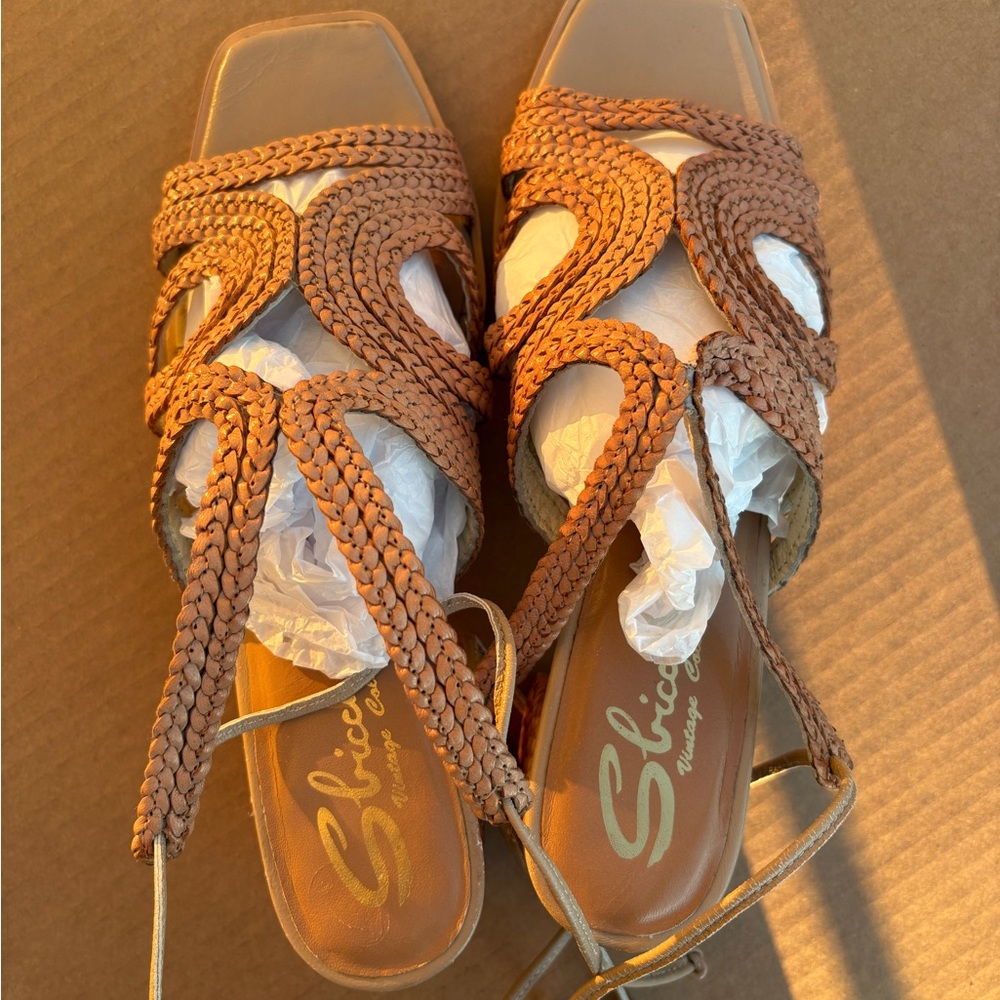 Sbicca Vintage Collection Braided Leather Sandals Tan Square Boho Ankle Strap - Picture 2 of 11